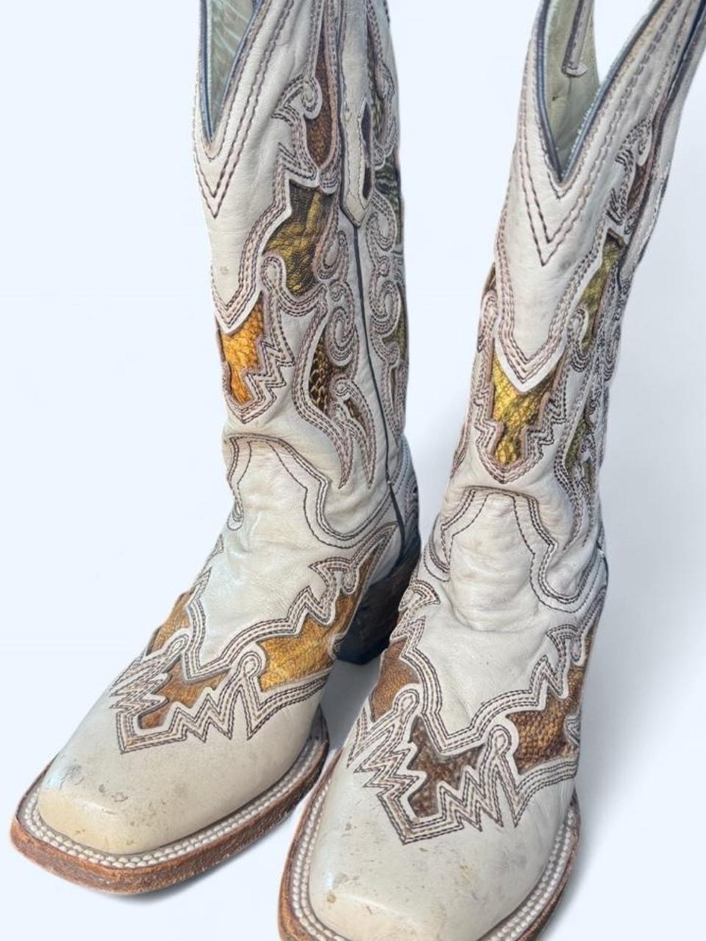 Cream Corral Western Cowboy Boots with Gold & Brown Embroidery